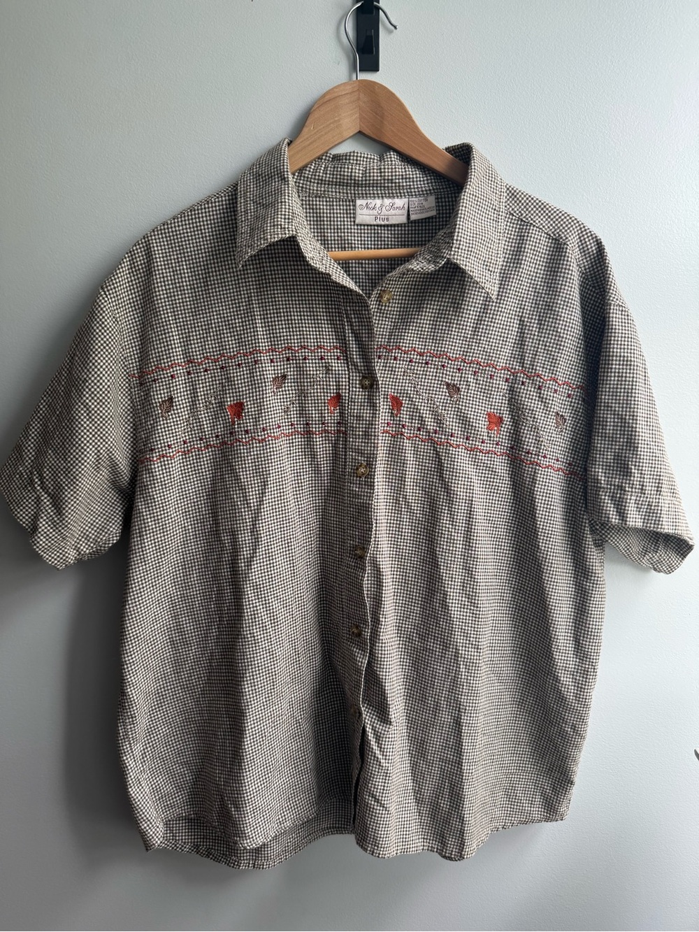 Vintage Stitch-Detail Short Sleeve Shirt - Beige/Grey